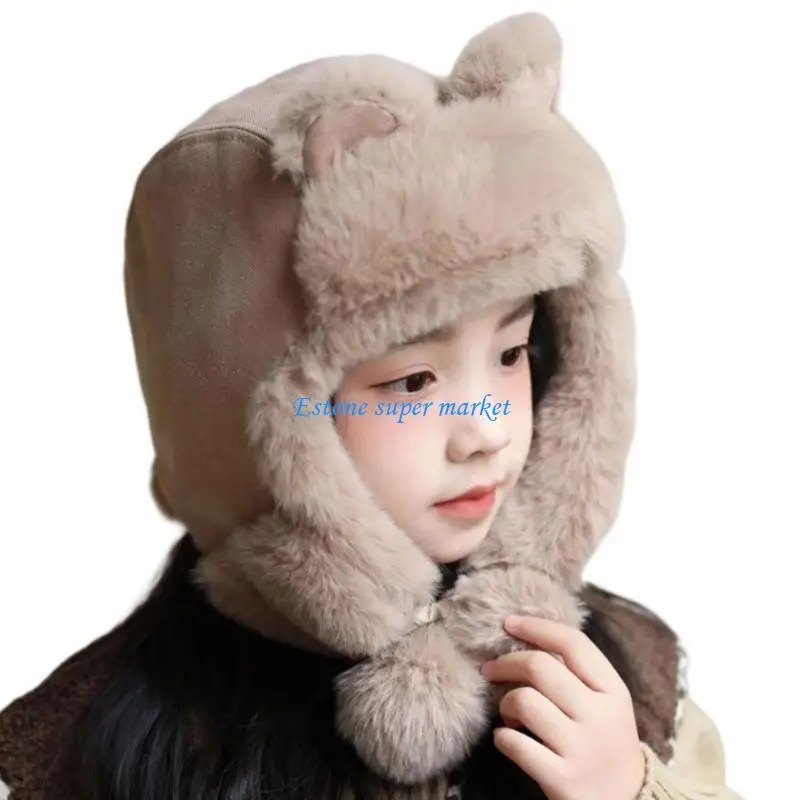 

090B Winter Kids Hat Cartoon Rabbit Ears Bonnet Caps Warm Thickened Ear Leifeng Hat for 4 to 12 Year Girls