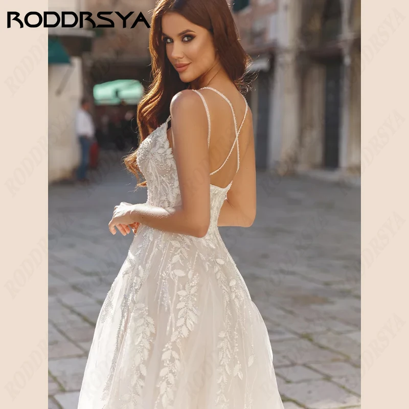 RODDRSYA Elegant Tulle A-line Wedding Dresses Sleeveless Backless Bride Gown Scoop-Neck Lace Appliques Bridal Party For Women