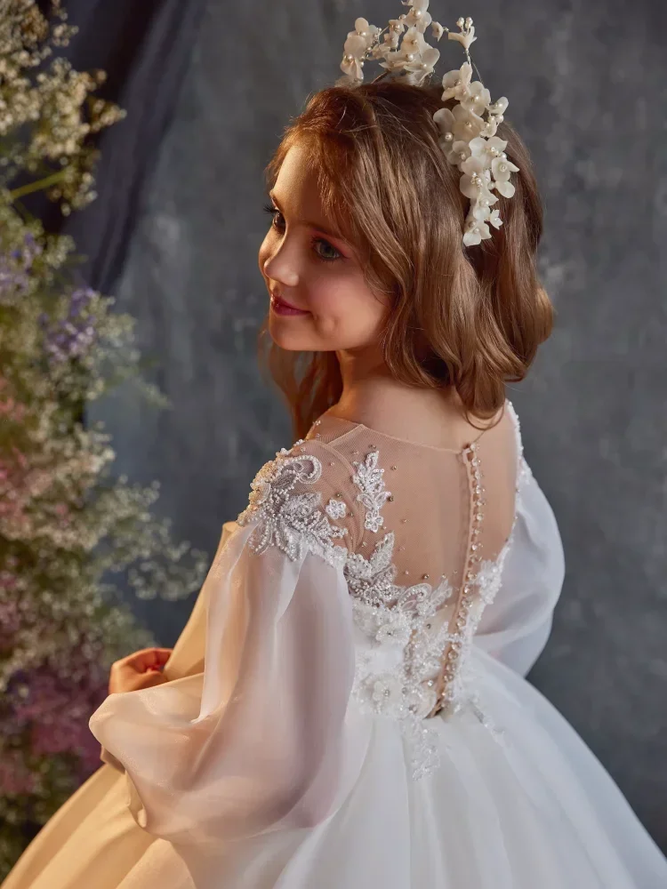 Flower Girl Dresses White Satin Appliques With Rhinestones Beads Big Bow Long Sleeve For Wedding Birthday Banquet Princess Gowns