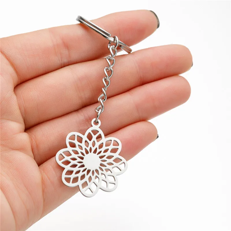 Stainless Steel Mandala Keychains Women Indian Buddha Meditation Yoga Flower Of Life Datura Pendant Keyring Key Ring Holder Gift