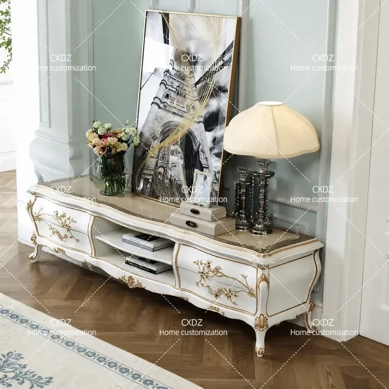 Painted Solid Wood TV Cabinet Large Floor Standing Audio Visual Console for Living Room Villa Home Furniture with Gold Foil