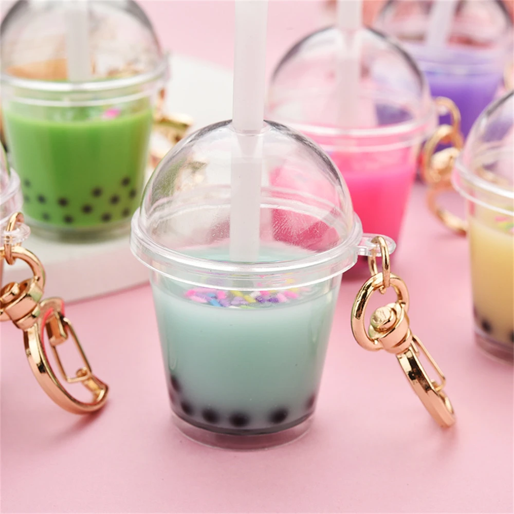 Cute Mini Bubble Tea Keychain For Women Acrylic Simulation Bubble Cup Moon Key Chains with Straw Girl Gift Decoration Pendant