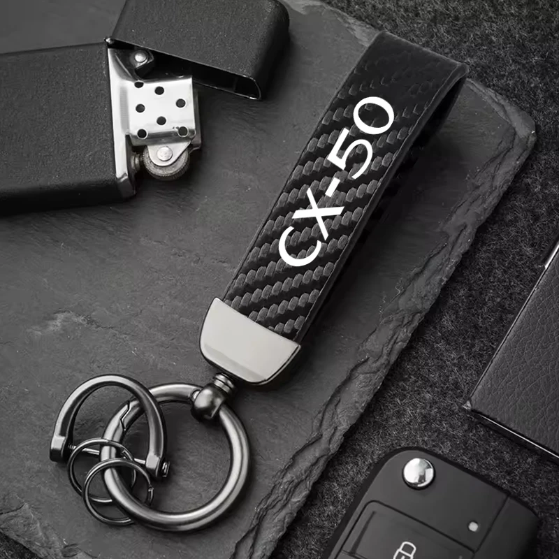 Car Styling Key Chain Carbon Leather Logo Keyring Anti-lost Key Holder Accessories For Mazda CX-50 CX50 2024 2025 Key Pendant