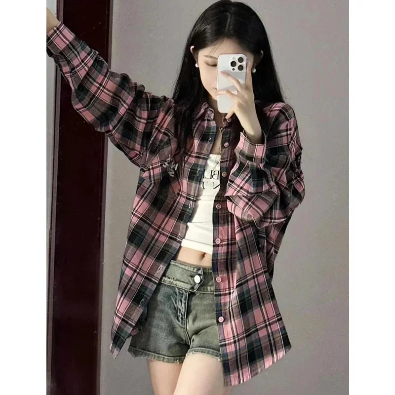 

American Retro Spring Autumn Plaid Long Shirts 2024 Women Korean Casual Loose Cardigan Blouse New Pink Polo Collar Tops Female