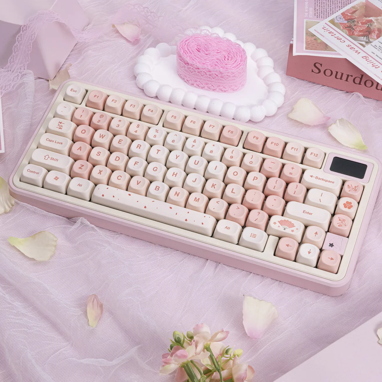 Romantic Cherry Blossom Series 129-Key PBT Keycap Set Rounded Cute MOA Profile for MX Switches 61 68 75 Mechanical Keyboards