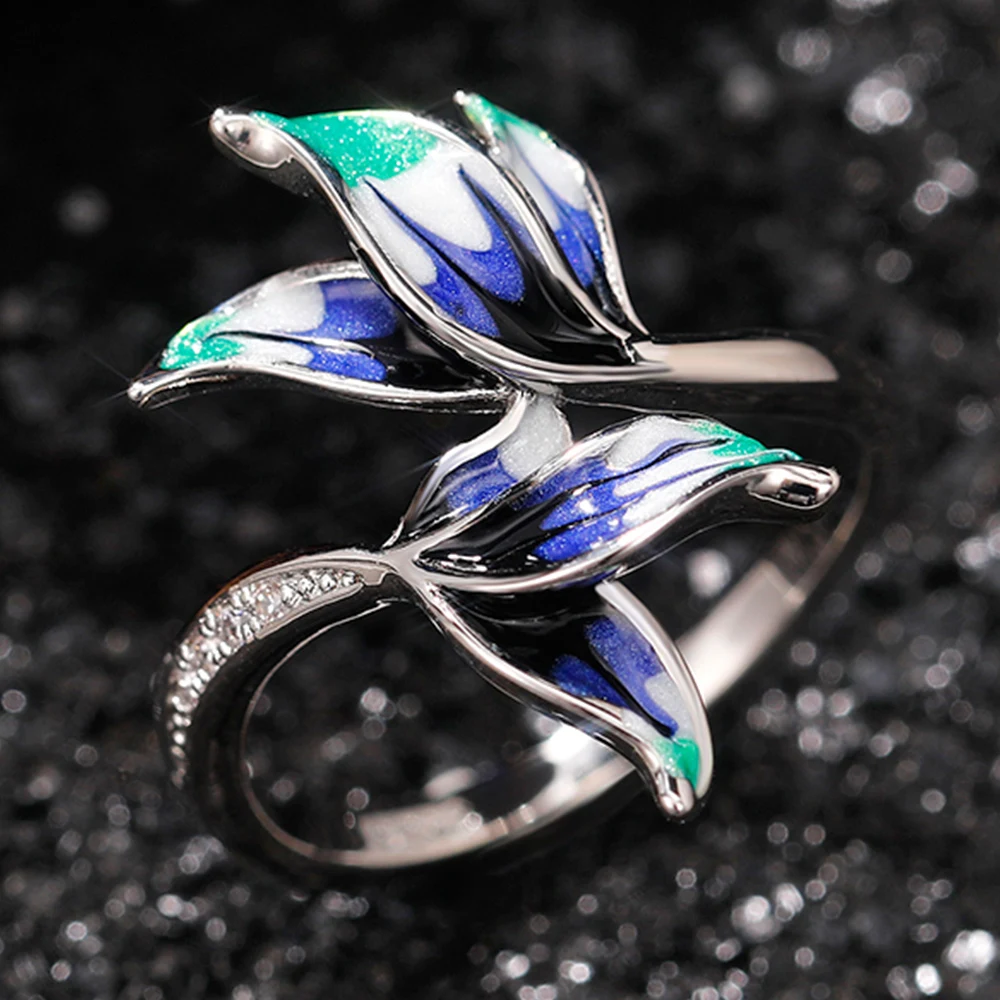 Huitan Charming Blue Flower Finger Ring Women for Dance Party Paved Dazzling CZ Stone Special-interest Handmade Fashion Jewelry