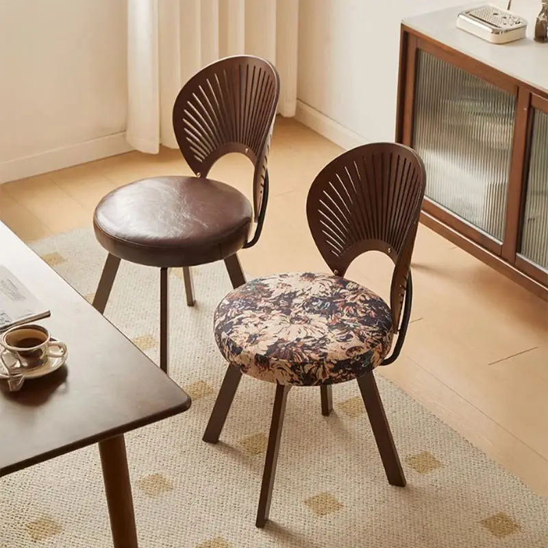 Nordic Solid Wood Shell Chair, Retro Swivel Backrest Chair, Modern Dining Makeup Chair for Home