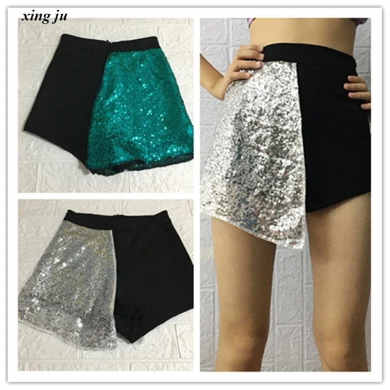 Kpop Girl Group Women Jazz Dancewear Streetwear Hip Hop Elastic Hot Girl Tight Sequins Splice Shorts Sexy Dancer Stage Costume