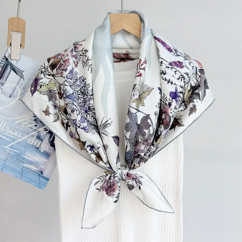 90 Real Silk Scarf Neckerchief 100% Twill Silk Scarf Shawl 14MM July Floral Printed Womens Fashion Square Bandana Scarf Foulard