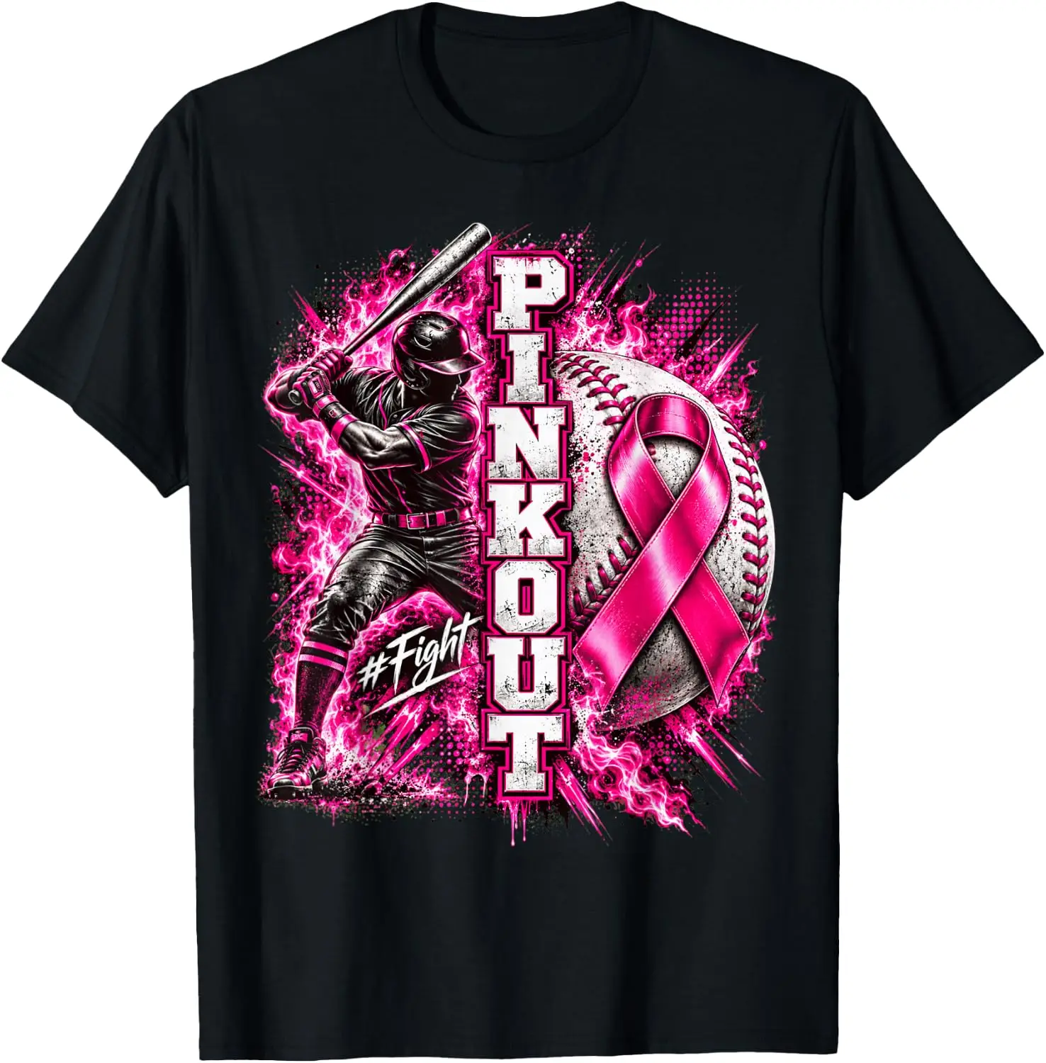 Baseball Pink Ribbon Breast Cancer Awareness Support Crew T-Shirt Premium heavyweight pure cotton—stylish, versatile, and unisex; a perfect Christmas gift suitable for year-round wear.
