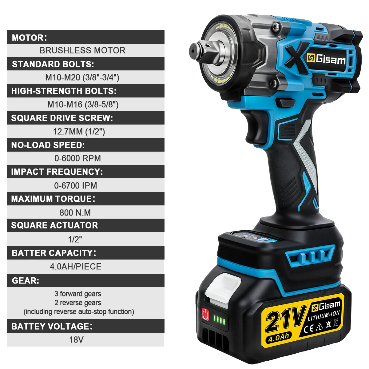 Gisam 800N.M Torque Brushless Electric Impact Wrench 1/2 inch Cordless Wrench Screwdriver Power Tools For Makita 18V Battery Pin