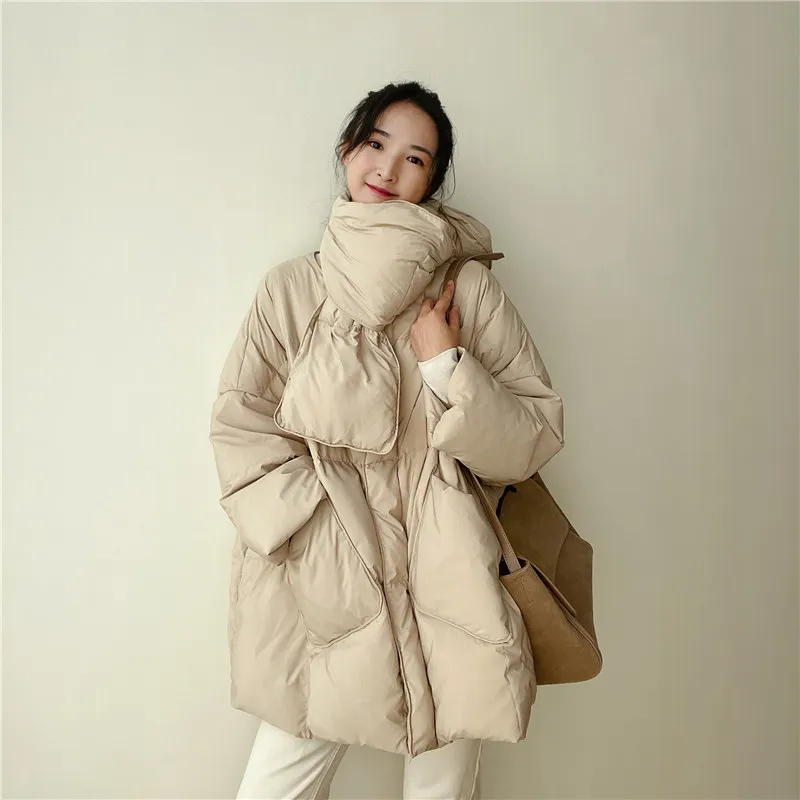 Winter Warm Down Jacket Hooded Scarf Women's Thick White Duck Down Coat High-Quality Design Outerwear Printed Puffer Jacket New