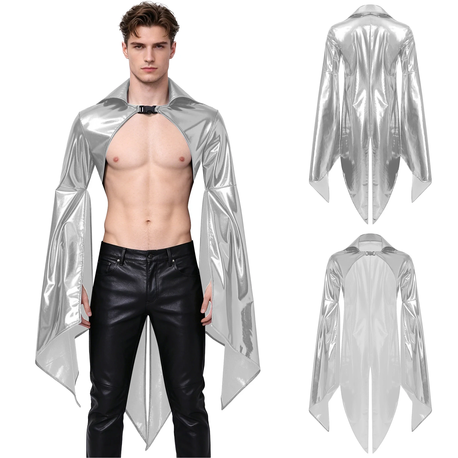 Men Halloween Theme Party Medieval Vampire Costume Long Sleeve Steampunk Gothic Cloak Metallic Shiny Buckle Jacket Tailcoat