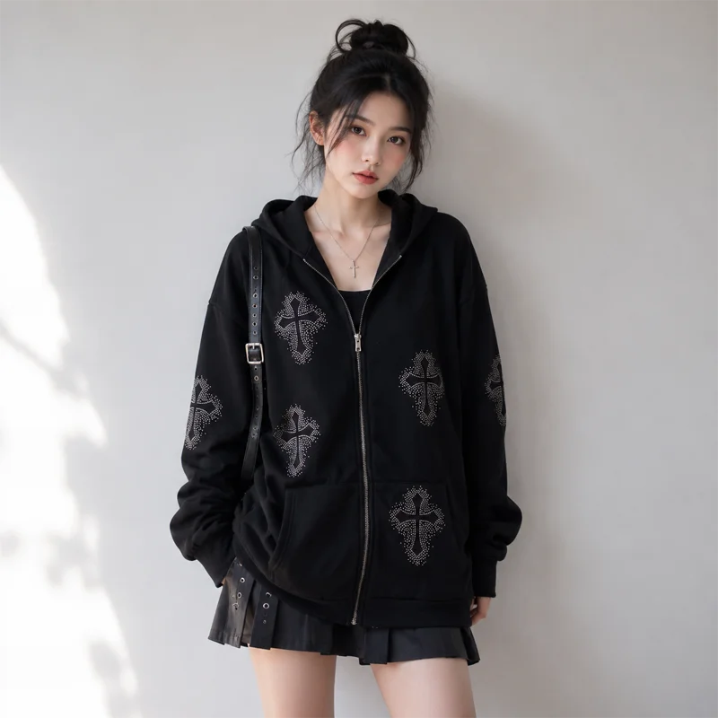 Women Zip Up Hoodie Black Cross Graphic Sweatshirt Gothic Y2K Streetwear Loose Fit Hooded Jacket Casual Fashion Outerwear
