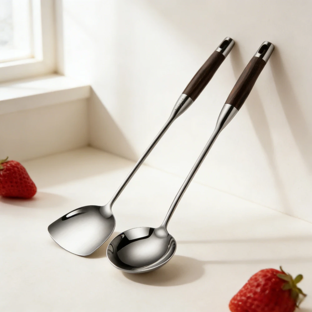 304 Stainless Steel Soup Ladle Wooden Handle Heat-resistant Kitchen Utensil Chef Specific Frying Spatula Household Leaky Spoon