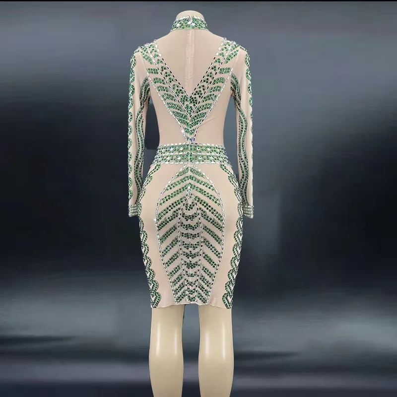 ZD Sparkle Rhinestone Performance Dress – Transparent Mesh Gown for Singers and Dancers