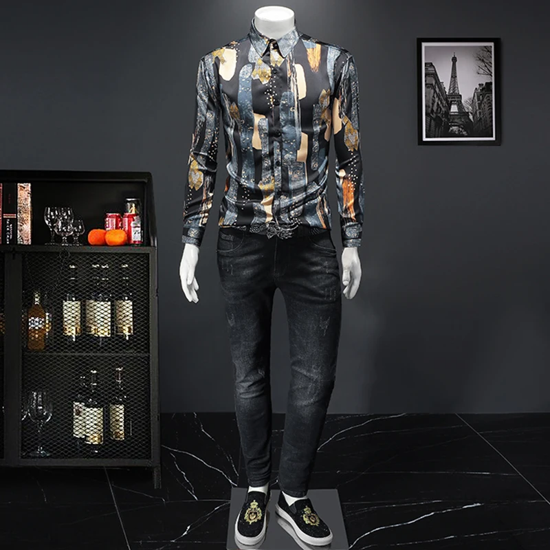 

2022 Autumn Winter New Men's Long Sleeve Flower Shirt Fashion Casual Social Blouse Slim Fit Elegant Male Clothing