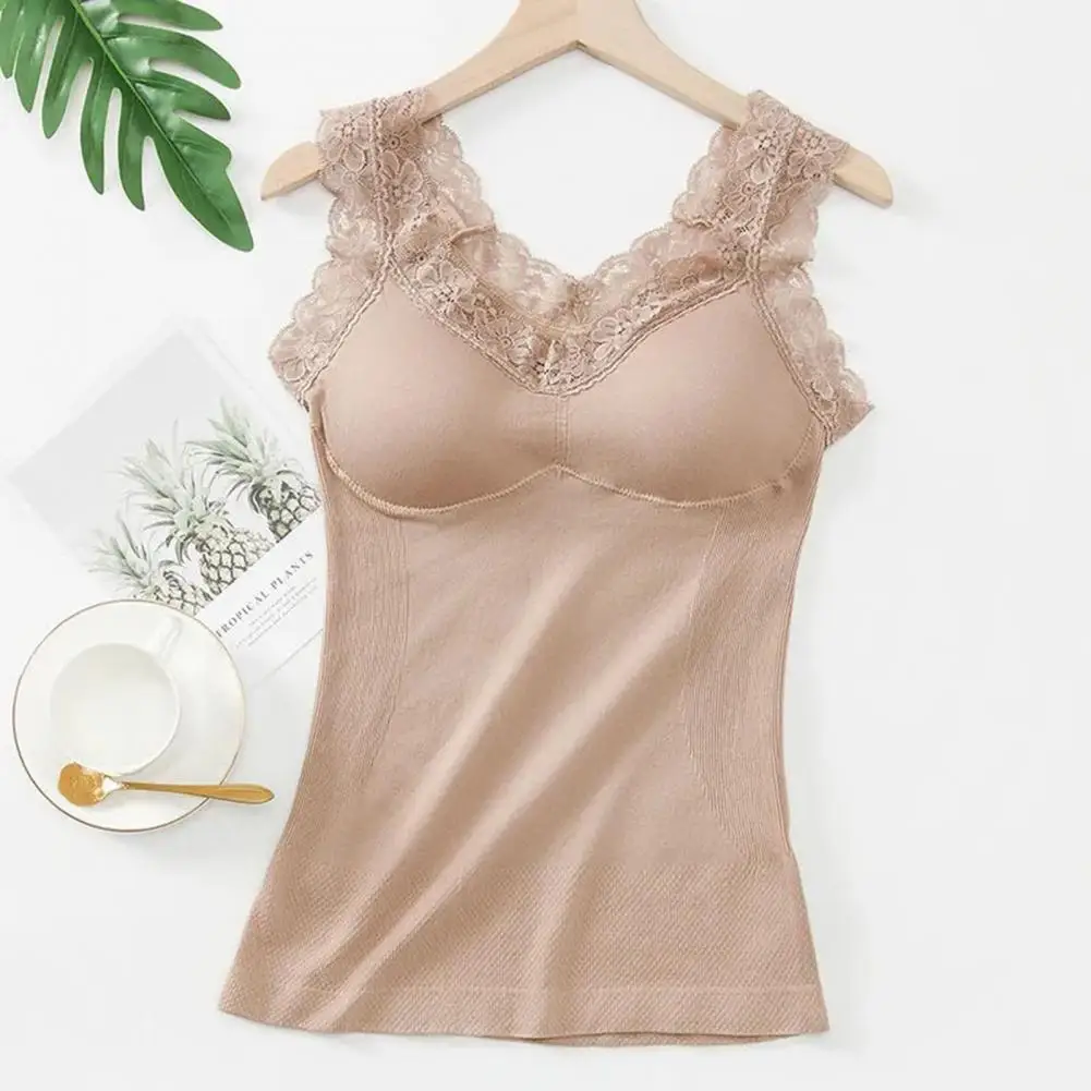 Lace Trim Camisole Stylish Lace Camisole with Chest Pads for Women V Neck Bottoming Vest Pure Color Stretchy Versatile Summer