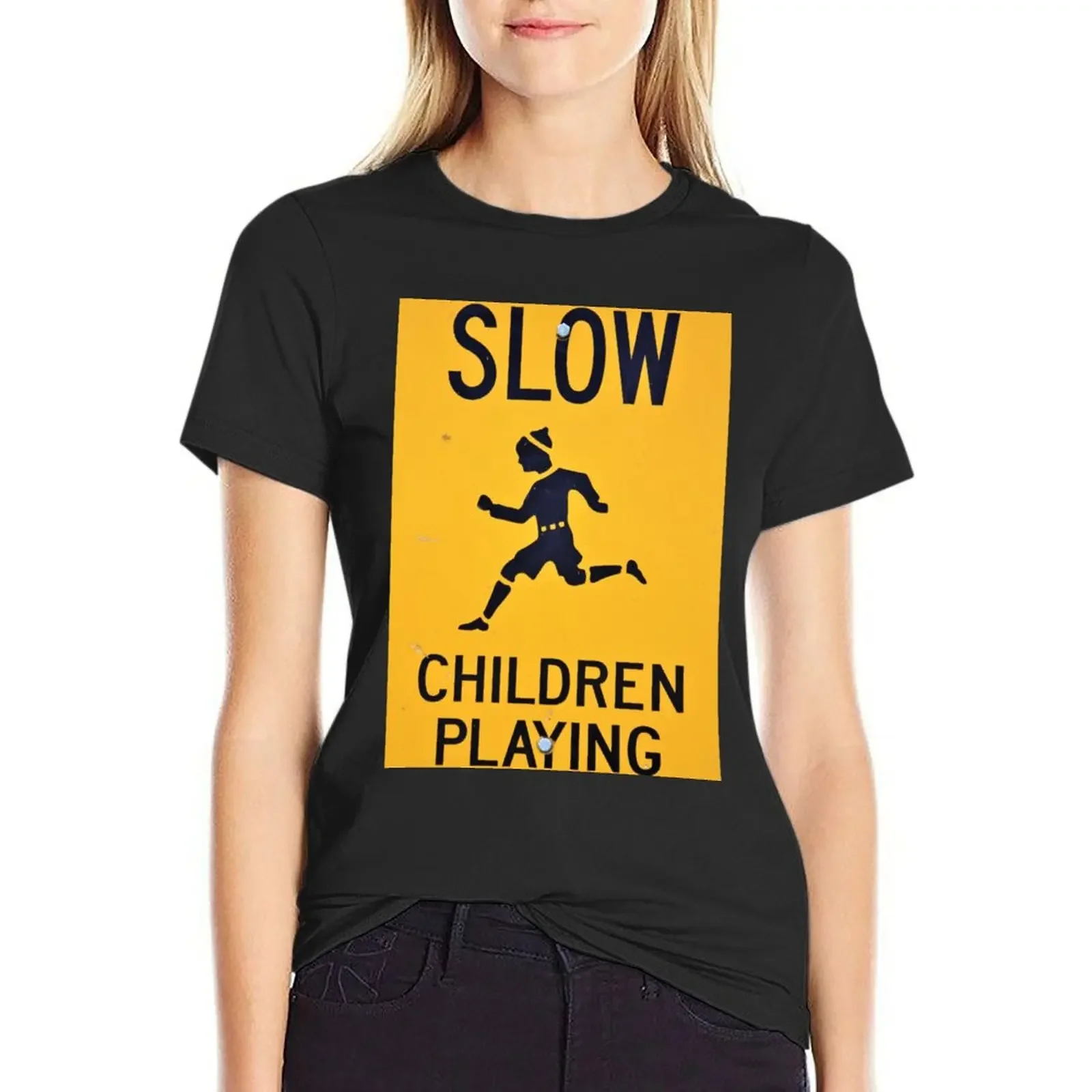 

SLOW Children Playing Road Sign Art T-Shirt anime summer tops kawaii clothes graphic t-shirts for Women