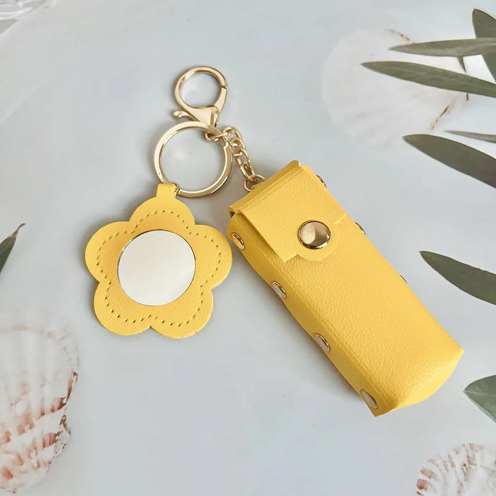 Portable Lipstick Bag Packet PU Leather Key Chain Ring Flower Mirror Keychain Makeup Mirror Mini Backpack Hangings Keyring Gift