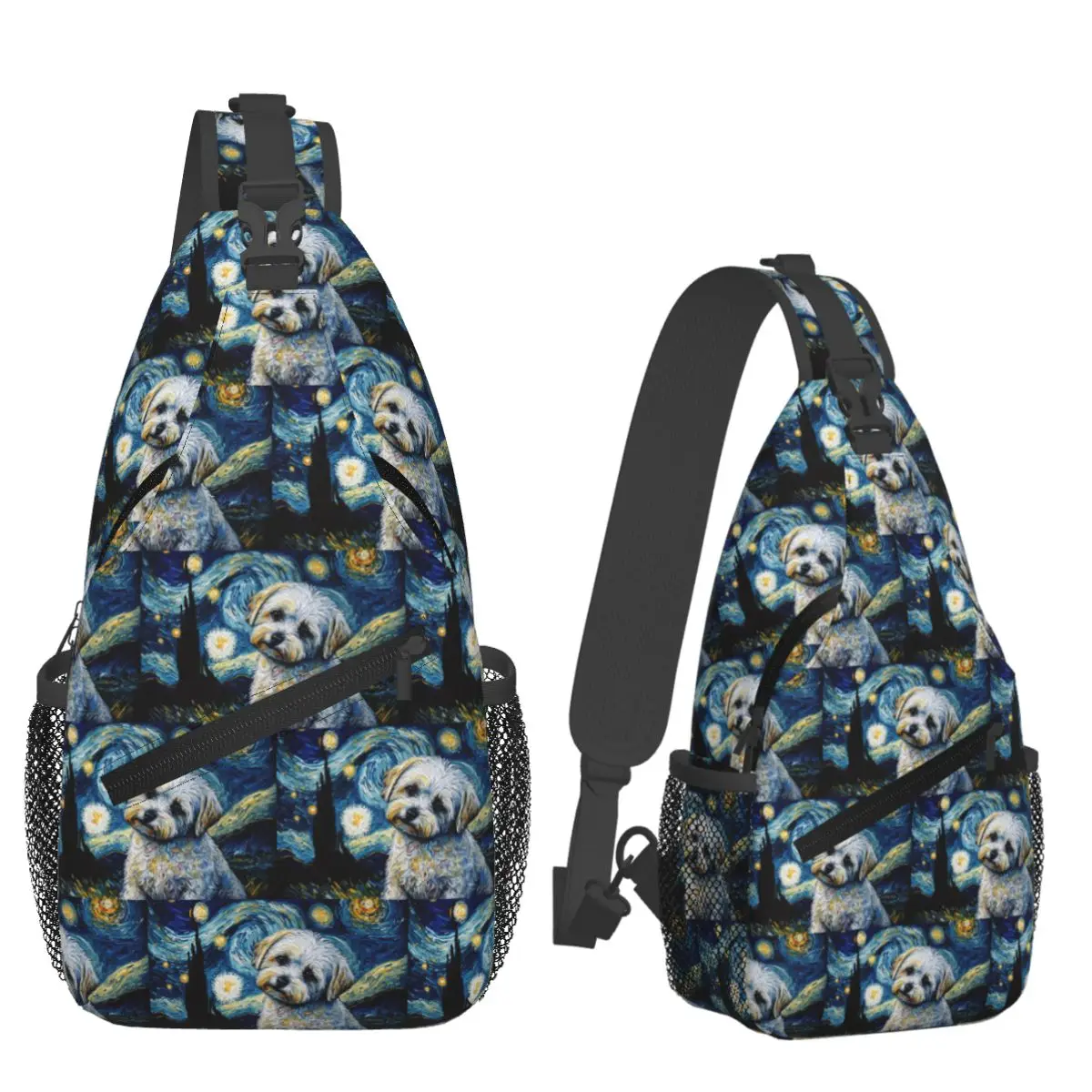 Maltese Terrier Puppy Starry Night Chest Bag Men Sling Crossbody Backpack Chest Bag Travel Hiking Daypack Shoulder Bag