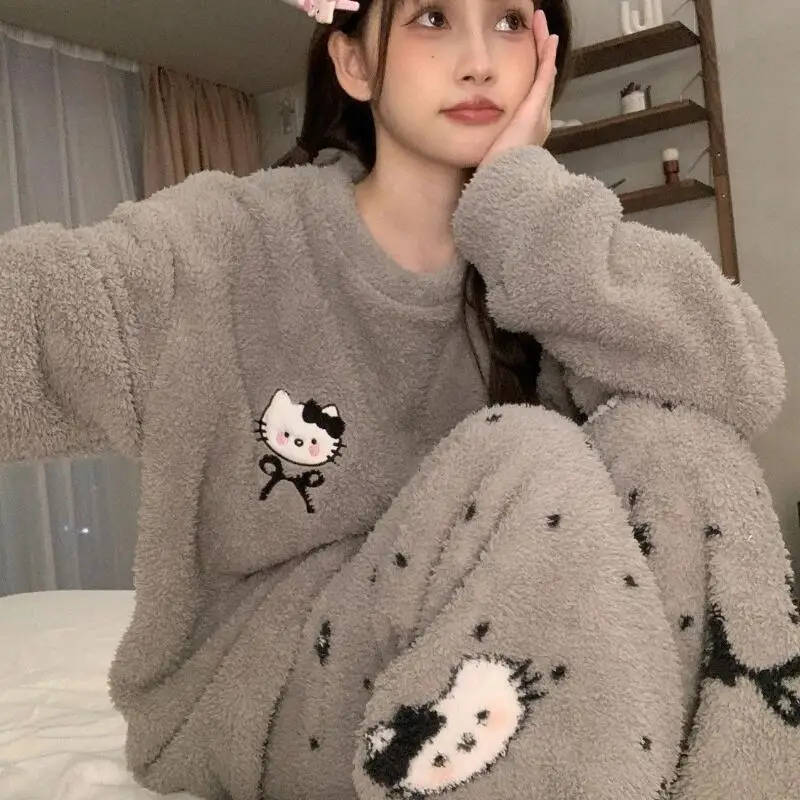 

Sanrio Hello Kitty Pajamas Set Women Winter Half Fleece Warm Thick Homewear Sleepwear Long Sleeve Cartoon Loungewear