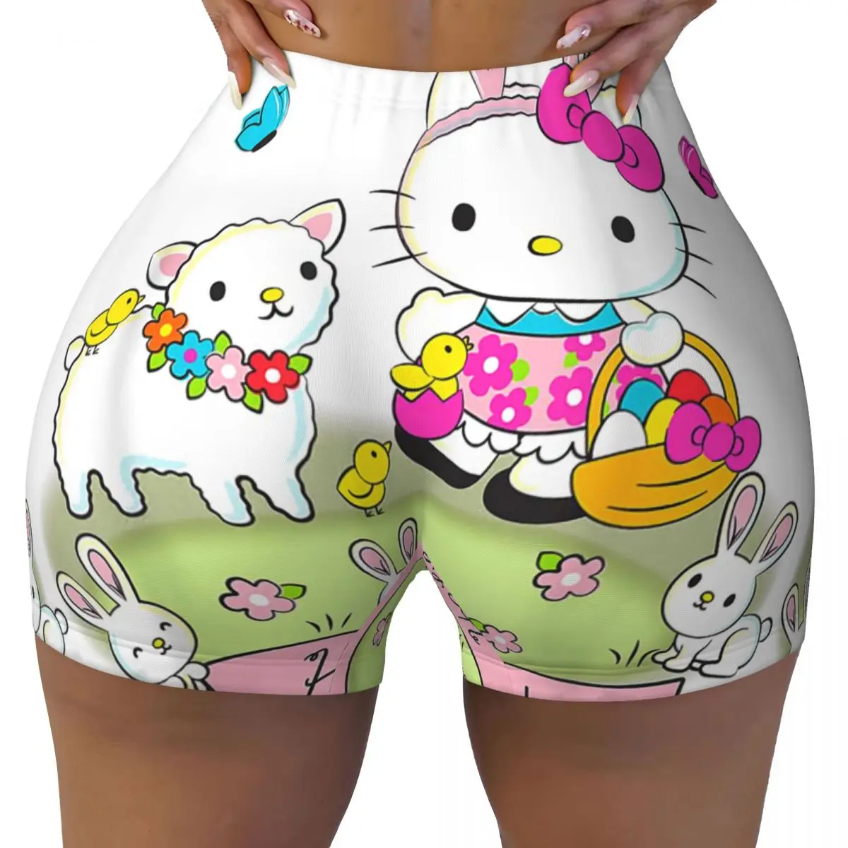 Woman Athletic Workout Yoga Shorts Hello Kitty And Friends Easter Scene Shorts Lifting Sports Wear