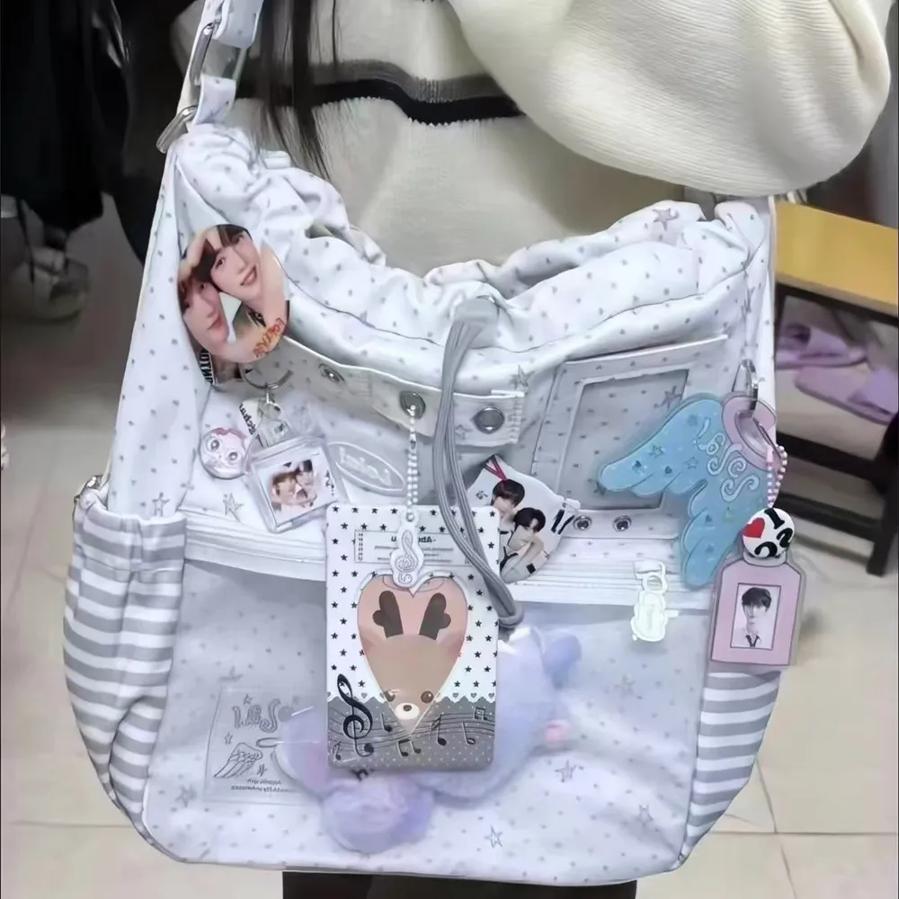 

Korea Polka Dot Drawstring Backpack Y2k Girl Ita Bag Large-capacity Transparent Layer Shoulder Bag Japanese Anime Style Tote Bag
