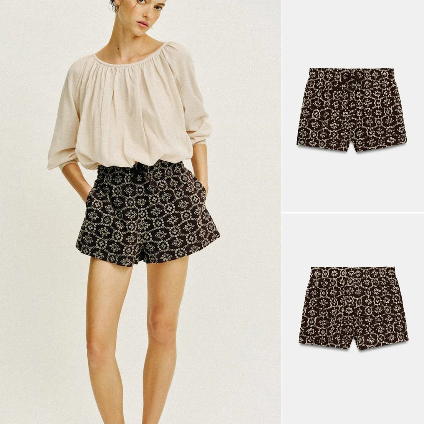 

Summer New Knot Embroidered Hollow out Casual Shorts Women's Loose Straight Leg Pants Natural Waist Polyester Fiber