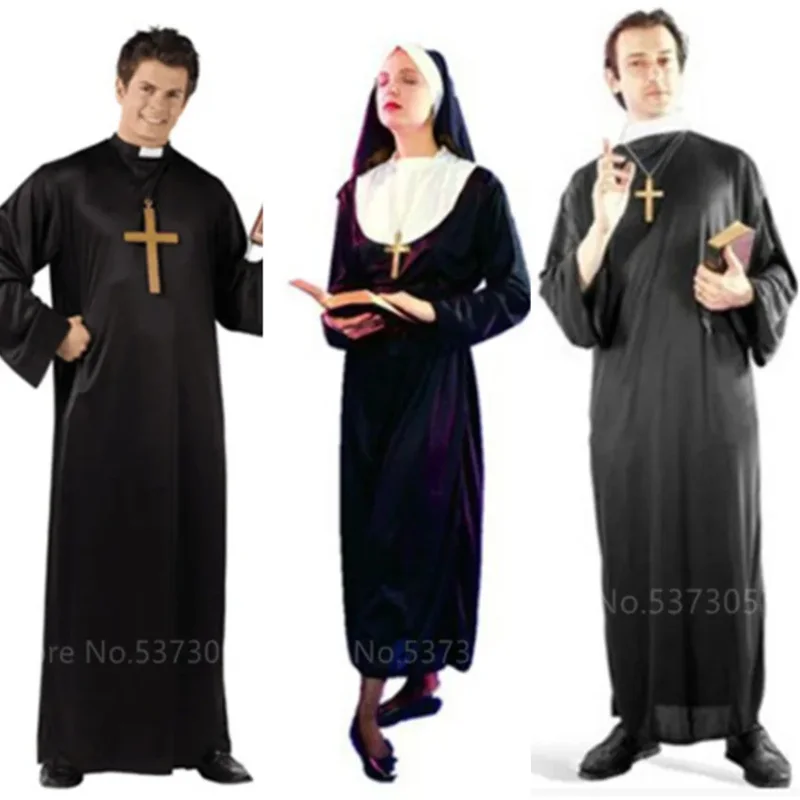 Costumi Cosplay di Halloween per le donne vestiti carnevale sacerdote Nun abiti lunghi religiosi chiesa cattolica abbigliamento uomo cattolico