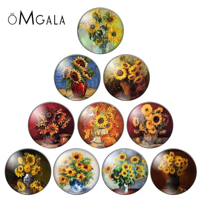 Art Sunflowers Vase Oil Paintings 10mm/12mm/18mm/20mm/25mm Round photo glass cabochon demo flat back Making findings