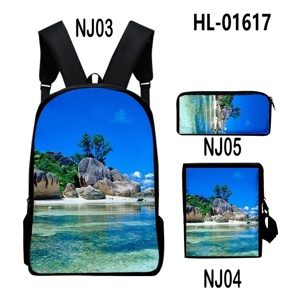 Backpack with 3d printing for laptop,3pcs/set,harajuku,summer,seaside scenery,laptop,backpack,shoulder bag,case