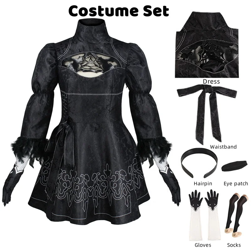 Disfraz de Anime Nier Automata para hombre y mujer, traje de Cosplay de Yorha 2B, peluca, disfraz de talla grande, vestido negro de fiesta de lujo,