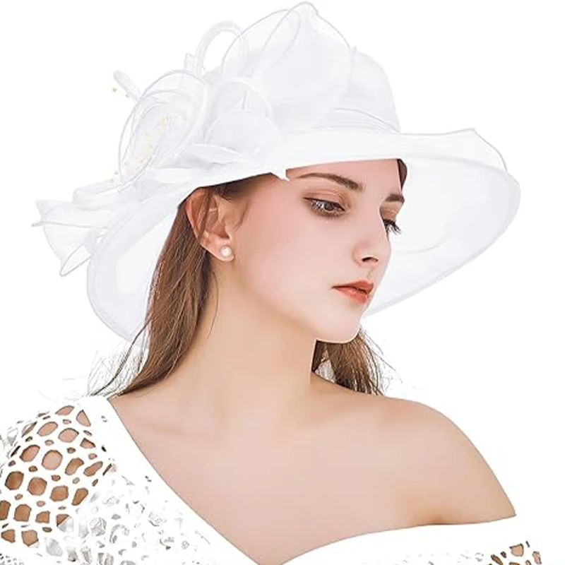 A bow-netting wide-brimmed wedding KY Derby hat suitable for brides church wedding decoration girls summer outing shade