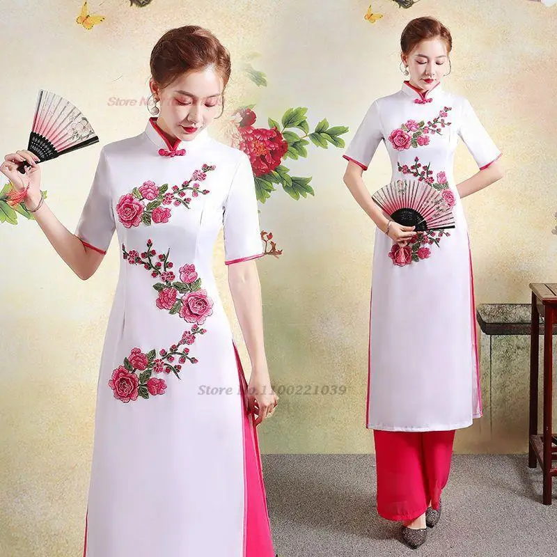 

2024, традиционное платье Ципао, Cheongsam aodai, вьетнамское платье aodai + комплект брюк, винтажное элегантное праздничное платье с цветочной вышивкой aoai