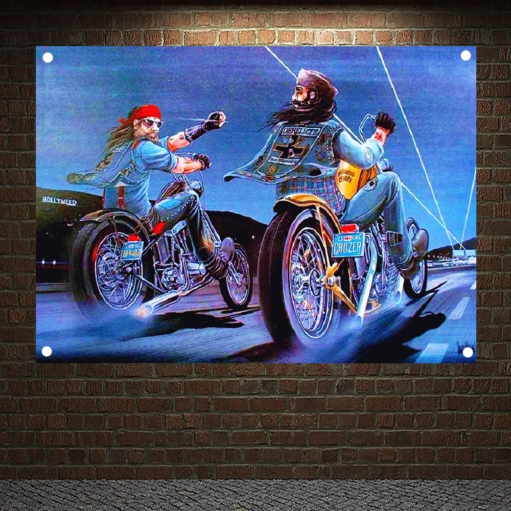 

Motorcycle Rider Retro Loft Cloth Art Flag Banner Wall Hanging Tapestry Bedroom Dormitory Home Decoration Canvas Painting Mural