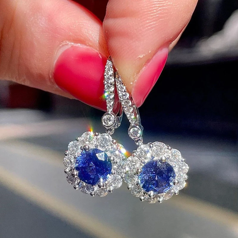 Huitan Noble Blue CZ Hanging Earrings Silver Color Full Bling Iced Out Brilliant Dangle Earrings Anniversary Party Women Jewelry