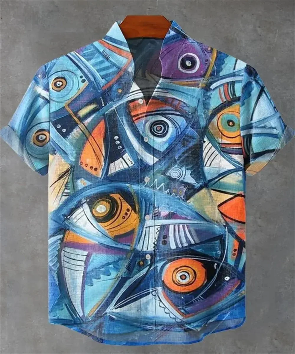 2025 men's new hot sale exquisite art pattern print summer comfortable linen short sleeve shirt men's casual button down top