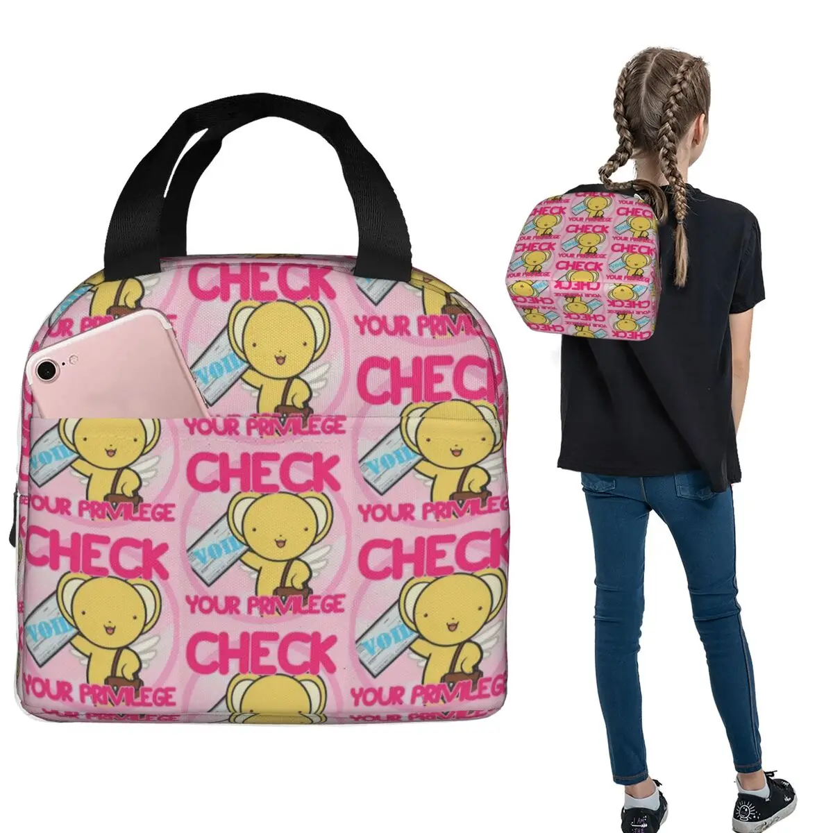 Cardcaptor Sakura Kero Check Privilege Bolsa de almuerzo aislada para mujeres y niños Cajas de comida portátiles Caja de almuerzo térmica Tote