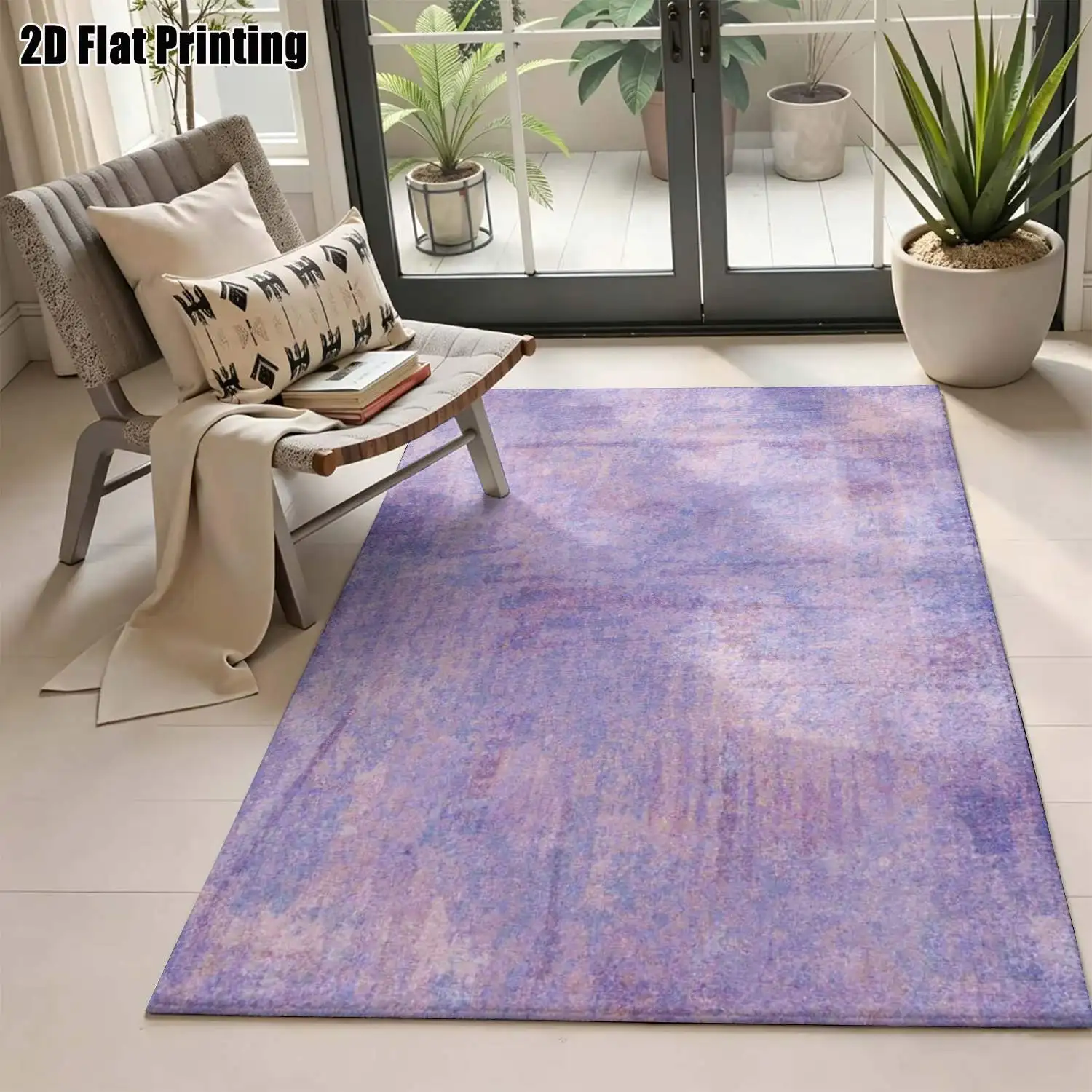 1Pc 2D Printed Light Purple Abstract Art Nordic/Instagram Style Minimalist Vintage Geometric Striped Carpet, Machine Washable, Multi-Size, Suitable for Home Decor, Entrance/Dining Room/Foyer/Bedroom/Living Room Use