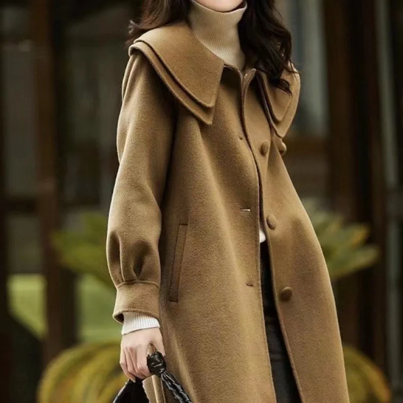 2024 New Autumn Winter Korean Wool Jacket Women Mid length Casual Single Breasted Female Woolen Outerwear Ladies Overcoat