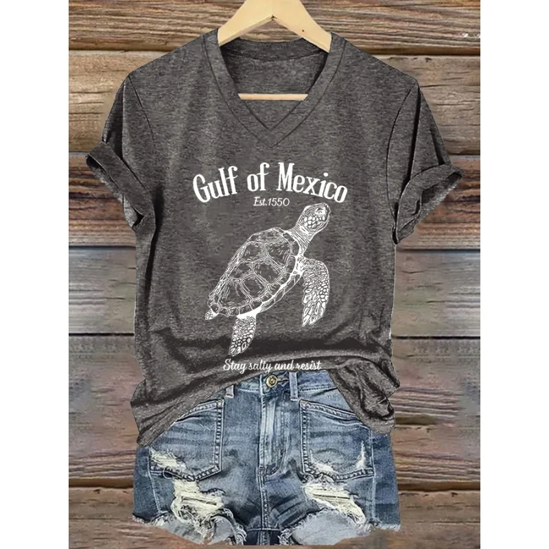 Women's Short Sleeve Gulf of Mexico Turtle Print T-Shirts Summer Casual V Neck Tops
