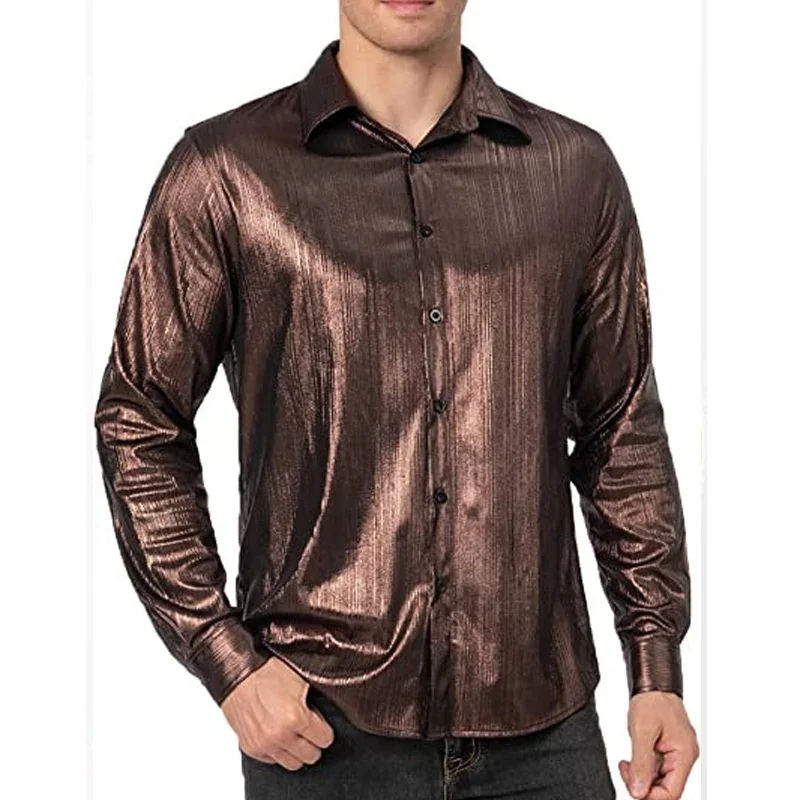 

Винтажные блестящие рубашки с блестками, мужские рубашки с отложным воротником и длинными рукавами на пуговицах, осенние мужские модные однотонные кардиганы, топы