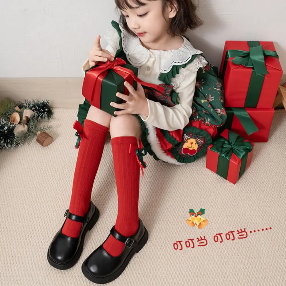 Casual Middle Tube New Year Red Socks Green Thicken Christmas Socks Cotton Princess Bow Hosiery for Kids Winter