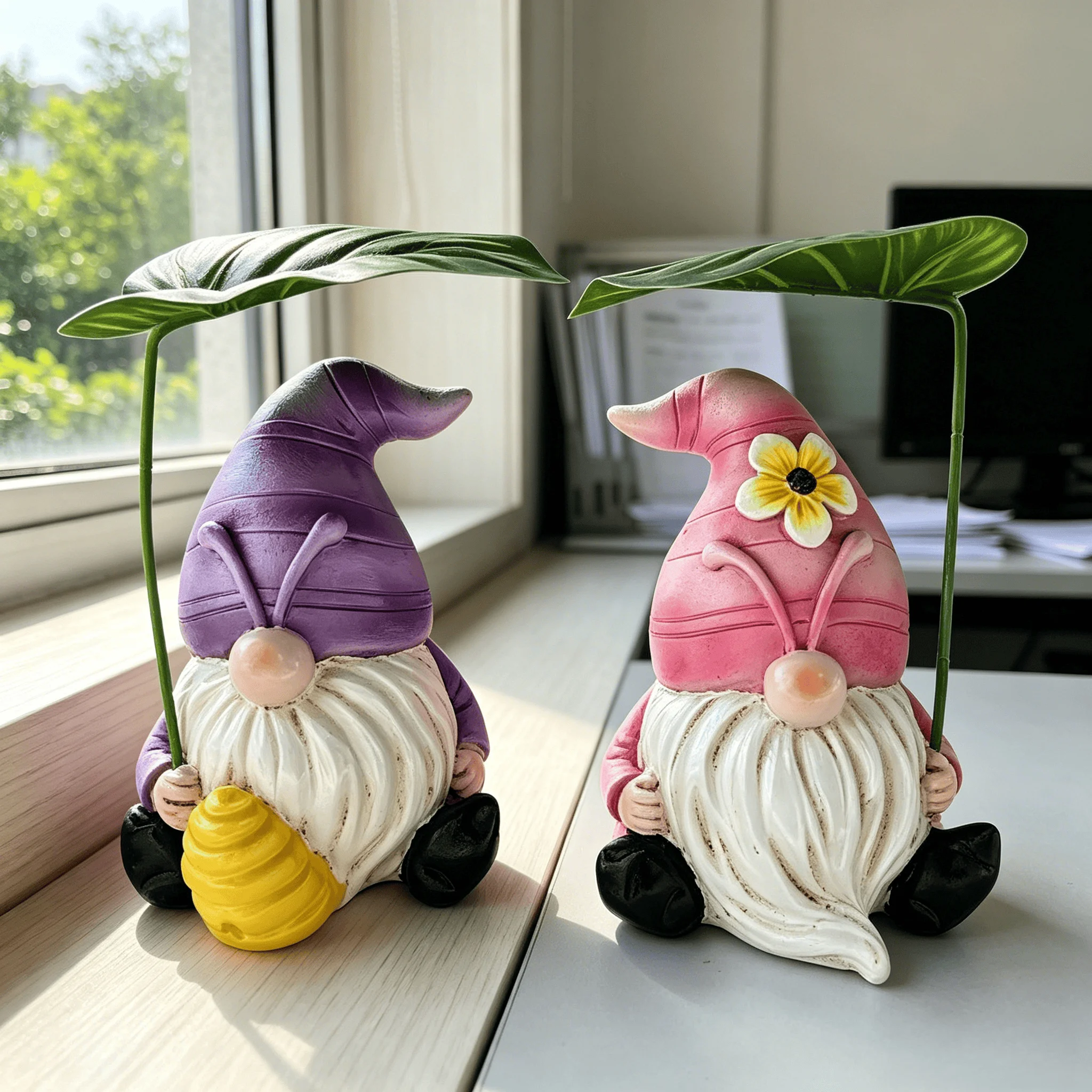 

Garden Gnome Statues with Leaf Umbrella, Cute Bee & Flower Resin Dwarf Figurines, Waterproof Outdoor Decor for Patio, Yard, Lawn