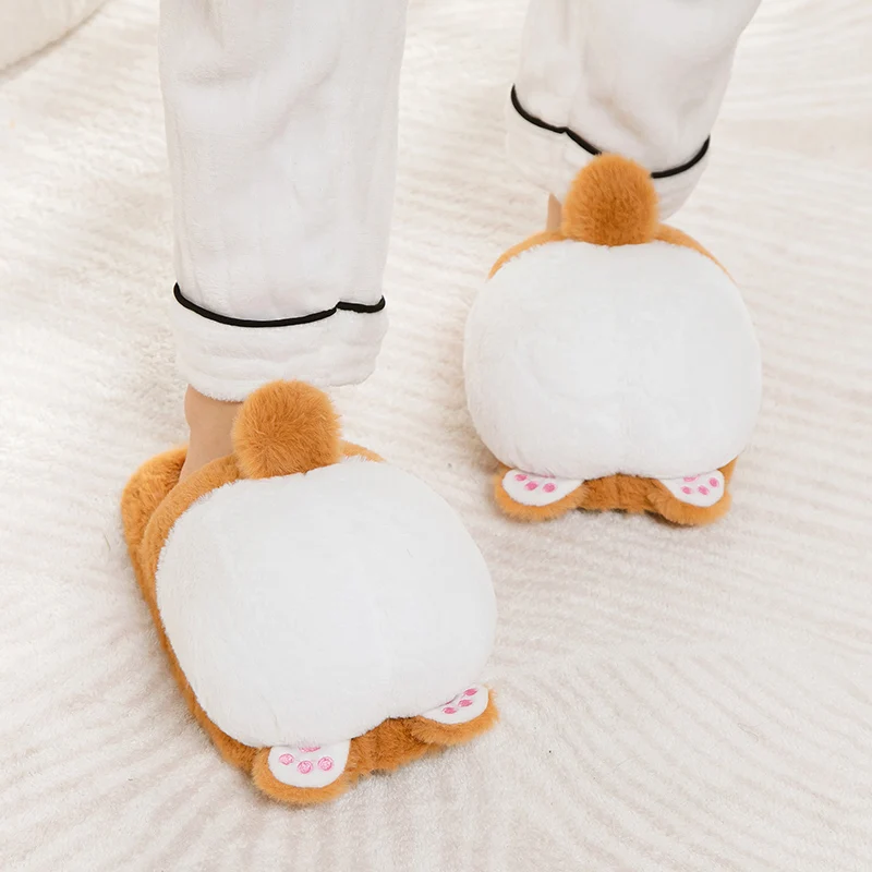 Plush Slippers Autumn and Winter Cotton Slippers Plush Warm Indoor Women Cute Corgi Hip Cotton Slippers Women