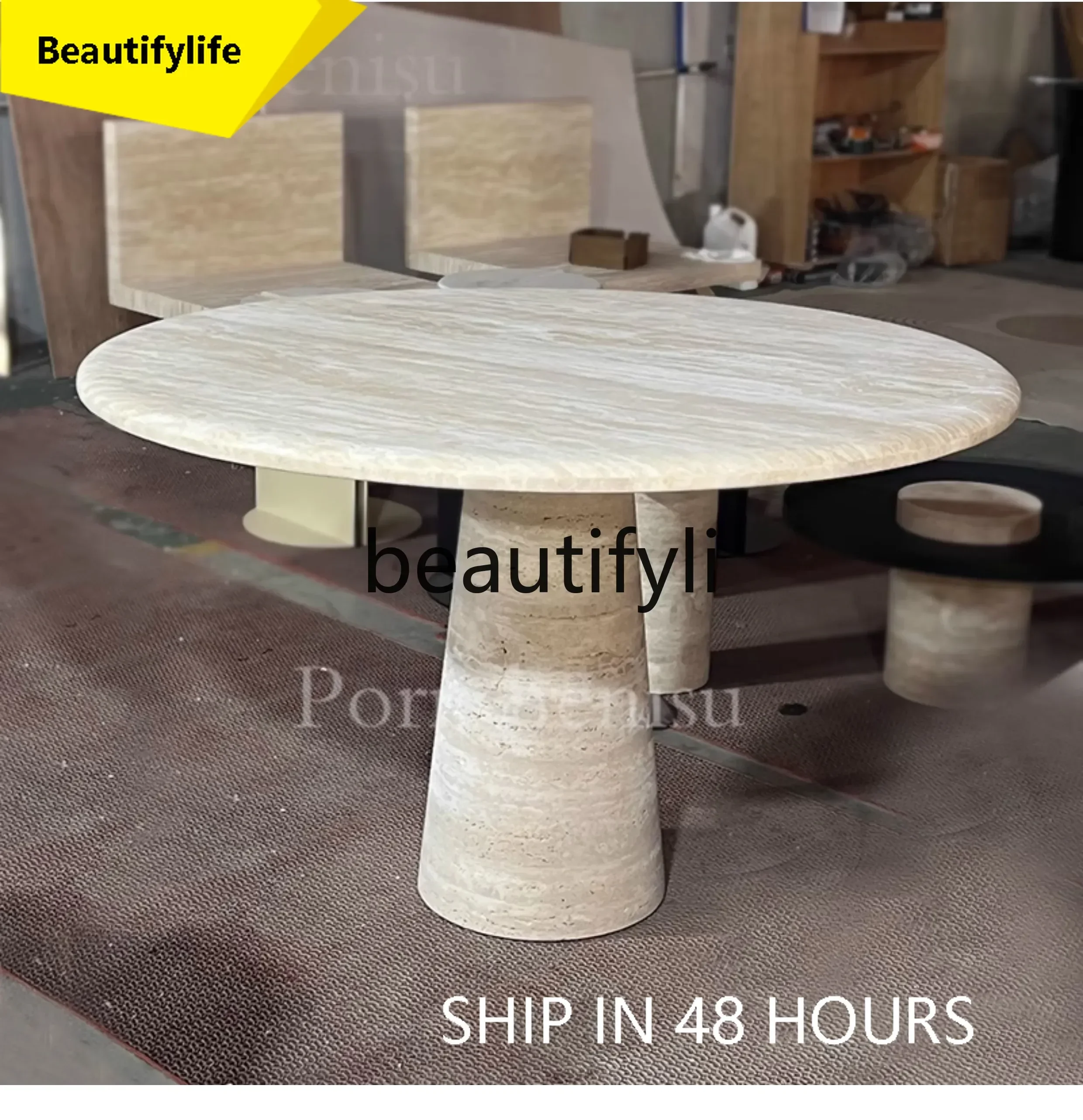 X188 Cream wind Nordic cave stone dining table round light luxury high-end small apartment living room household marble round ta