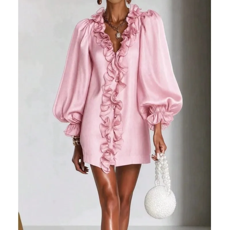 Elegant Ruffle Edge Design V-neck Dress For Women Autumn Fashion Bubble Sleeves Loose Mini Dresses Lady Beach Vacation Vestidos