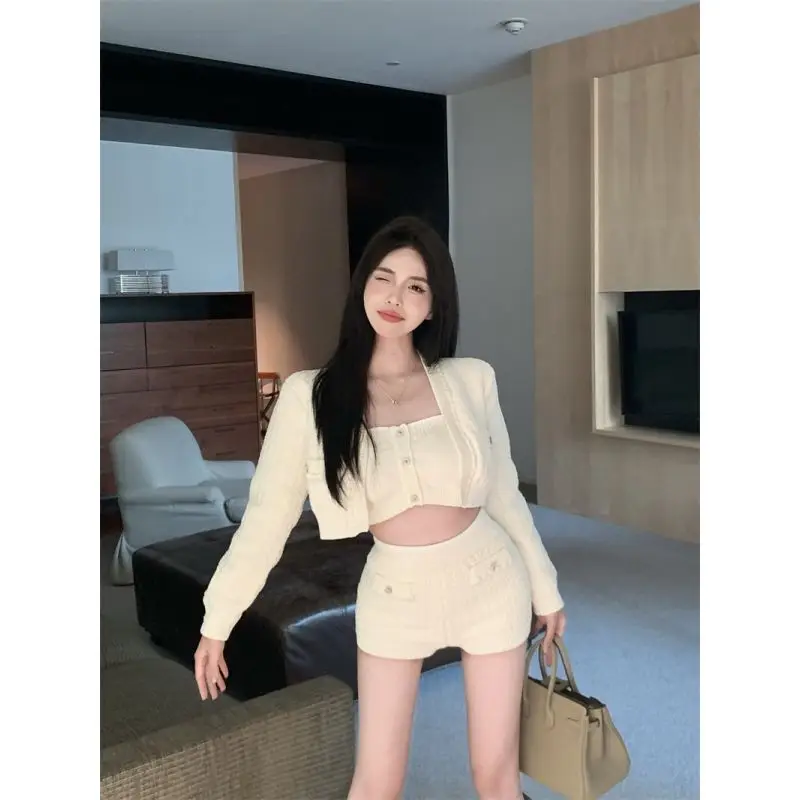 

New Chic Long Sleeved Knitted Cardigan Sweater Autumn Spicy Girl Slim Fit Short Strapless Tube Top Shorts 3 Piece Set for Women