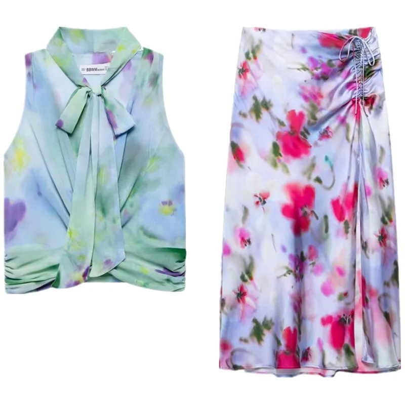 

Spring Summer 2025 New Women's Knot Printed Stand Collar Svel Top f Skirt Faion Set for 25-35 Years Old